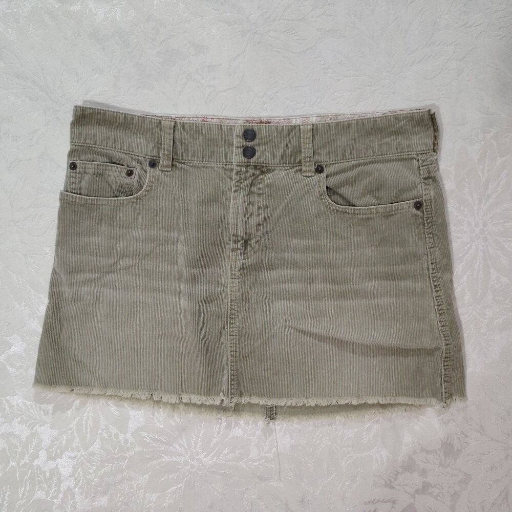 Vtg Abercrombie & Fitch Y2K Corduroy Mini Skirt Lowrise Raw Hem Green Khaki sz 4